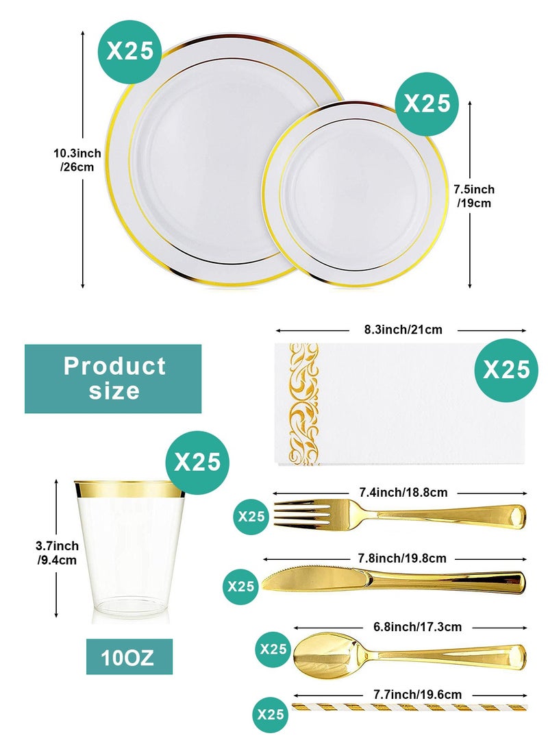 HomarKet 200PCS Gold Dinnerware Set for 25 Guests, Plastic Plates for Party, 25 Gold Disposable Plates, 25 Dessert Plates, 25 Knives , 25 Spoons, 25 Forks,25 Cups,25 Straws and 25 Napkins  - Image 2