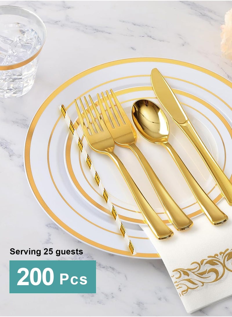 HomarKet 200PCS Gold Dinnerware Set for 25 Guests, Plastic Plates for Party, 25 Gold Disposable Plates, 25 Dessert Plates, 25 Knives , 25 Spoons, 25 Forks,25 Cups,25 Straws and 25 Napkins  - Image 4