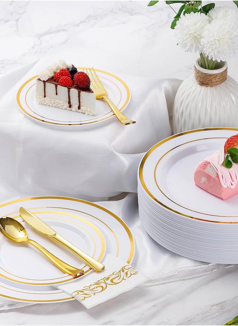 HomarKet 200PCS Gold Dinnerware Set for 25 Guests, Plastic Plates for Party, 25 Gold Disposable Plates, 25 Dessert Plates, 25 Knives , 25 Spoons, 25 Forks,25 Cups,25 Straws and 25 Napkins  - Image 5