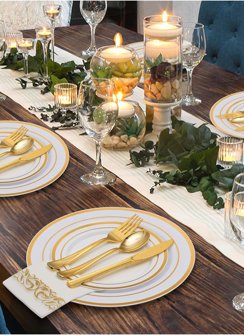 HomarKet 200PCS Gold Dinnerware Set for 25 Guests, Plastic Plates for Party, 25 Gold Disposable Plates, 25 Dessert Plates, 25 Knives , 25 Spoons, 25 Forks,25 Cups,25 Straws and 25 Napkins  - Image 3