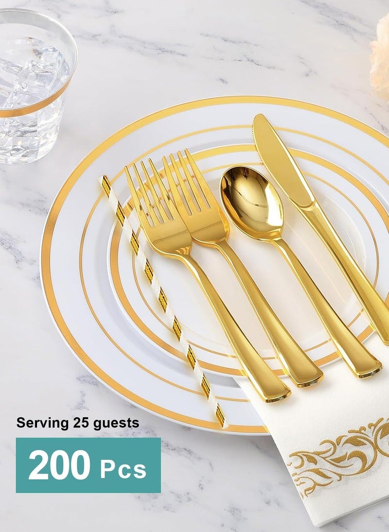 HomarKet 200PCS Disposable Dinnerware Set for 25 Guests, Plastic Plates for Party, 25 Gold Disposable Plates, 25 Dessert Plates, 25 Knives , 25 Spoons, 25 Forks, 25 Cups, 25 Straws and 25 Napkins, Disposable Food Container Meal Prep Container for Wedding and New Year Party Gold - Image 2