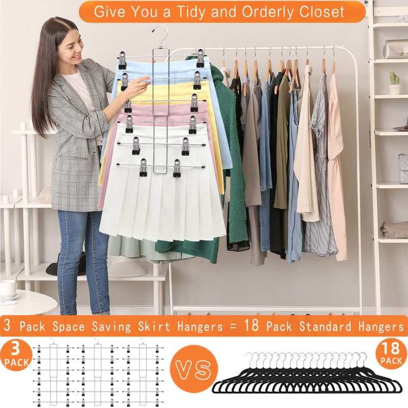 SHUKEEKA 3 Pack Pants-Hangers-Space-Saving,6 Tier-Closet-Organizers-and-Storage Skirt Hangers with Clips,Closet-Organizer-Clothes-Organization-and-Storage Jeans Scarf Hangers,College-Dorm-Room-Essentials Decor - Image 3