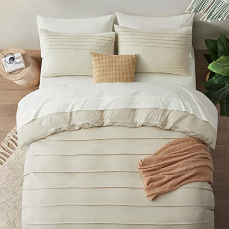 Beige Duvet Cover Queen Size - Pleated Queen Duvet Cover, 3PCS Soft and Breathable Textured Bedding Set with Zipper Closure Beige, 90"x90 - Image 5
