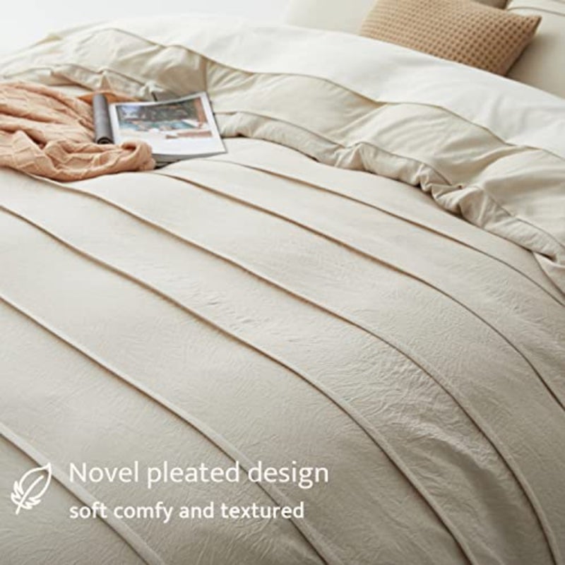 Beige Duvet Cover Queen Size - Pleated Queen Duvet Cover, 3PCS Soft and Breathable Textured Bedding Set with Zipper Closure Beige, 90"x90 - Image 3
