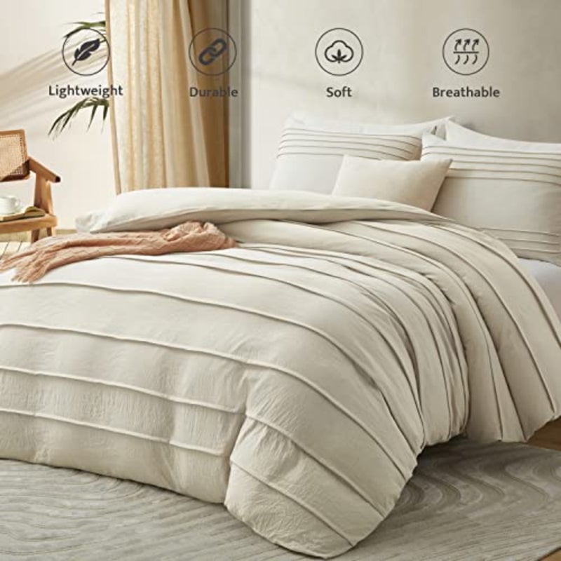 Beige Duvet Cover Queen Size - Pleated Queen Duvet Cover, 3PCS Soft and Breathable Textured Bedding Set with Zipper Closure Beige, 90"x90 - Image 2