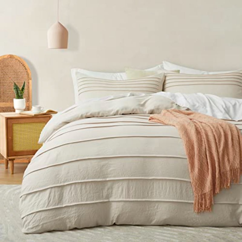 Beige Duvet Cover Queen Size - Pleated Queen Duvet Cover, 3PCS Soft and Breathable Textured Bedding Set with Zipper Closure Beige, 90"x90 - Image 1