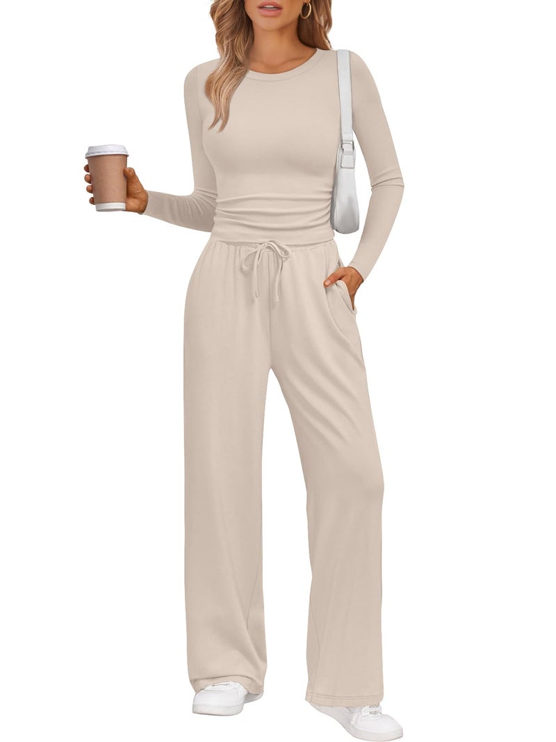 LILLUSORY Lounge Sets for Women Two 2 Piece matching Loungewear Sets Women Winter Clothing 2026 Fall Fashion Travel Airport Outfits Sweatsuits Casual Cute Clothes Beige L - Image 1