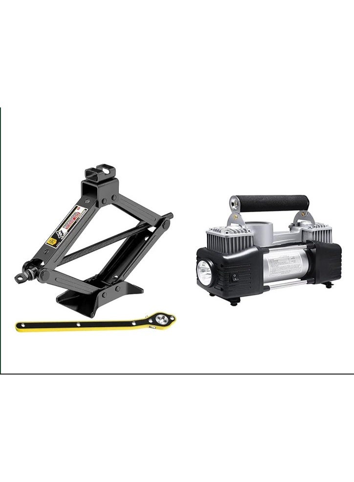 Portable Tire Inflator with LED Light Heavy Duty Scissor Jack Quick Wrench System Emergency Roadside Car Tool Kit