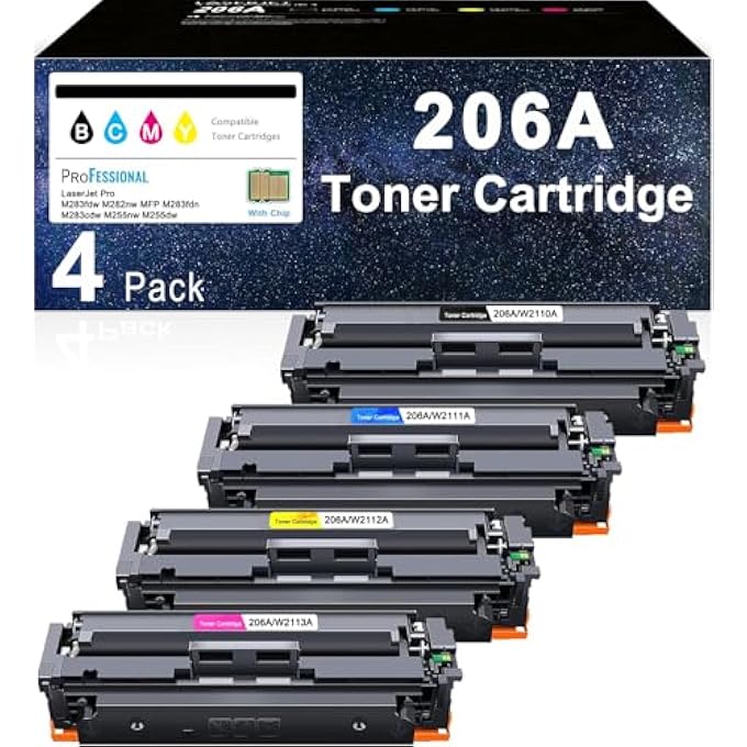 مجموعة خرطوشة حبر 206A 4 عبوات (أسود، سيان، أصفر، ماجنتا) بديل لـ HP 206A W2110A W2111A W2112A W2113A متوافقة مع طابعات LASERJET PRO MFP M283CDW M283FDN M283FDW M282NW M255DW M255NW - Image 1