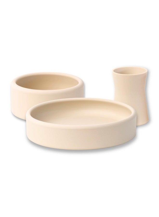 APLAINR Silicone Plate, Bowl & Cup Set for Babies and Toddlers, Weighted, Baby Feeding Set, Baby Led Weaning Supplies, Set of 3, Oat Cream - Image 1