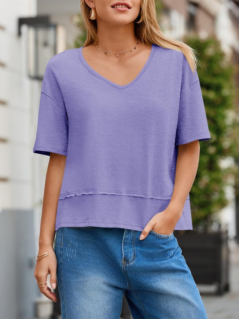 Cicy Bell Womens Summer V Neck T Shirts Casual Short Sleeve Flowy Tops Cute Loose Fit Basic Tees - Image 4