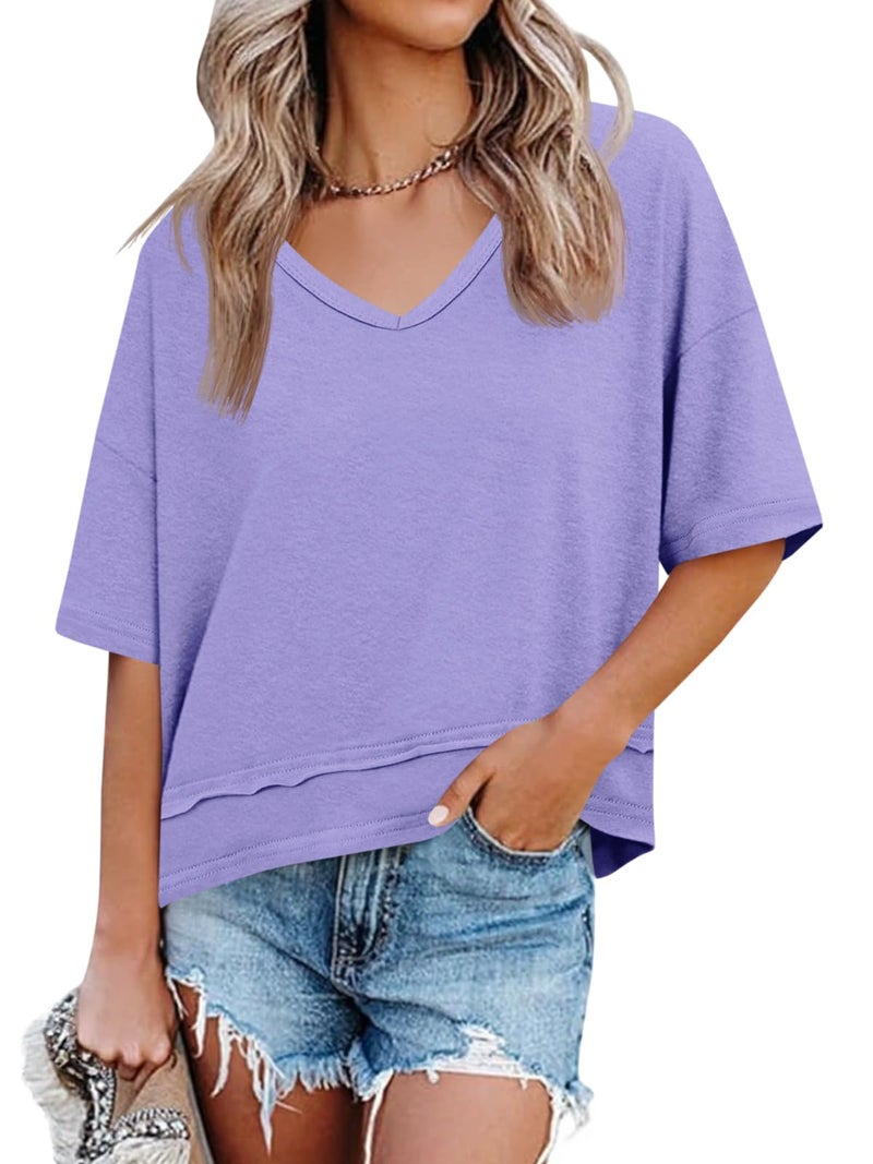 Cicy Bell Womens Summer V Neck T Shirts Casual Short Sleeve Flowy Tops Cute Loose Fit Basic Tees - Image 1