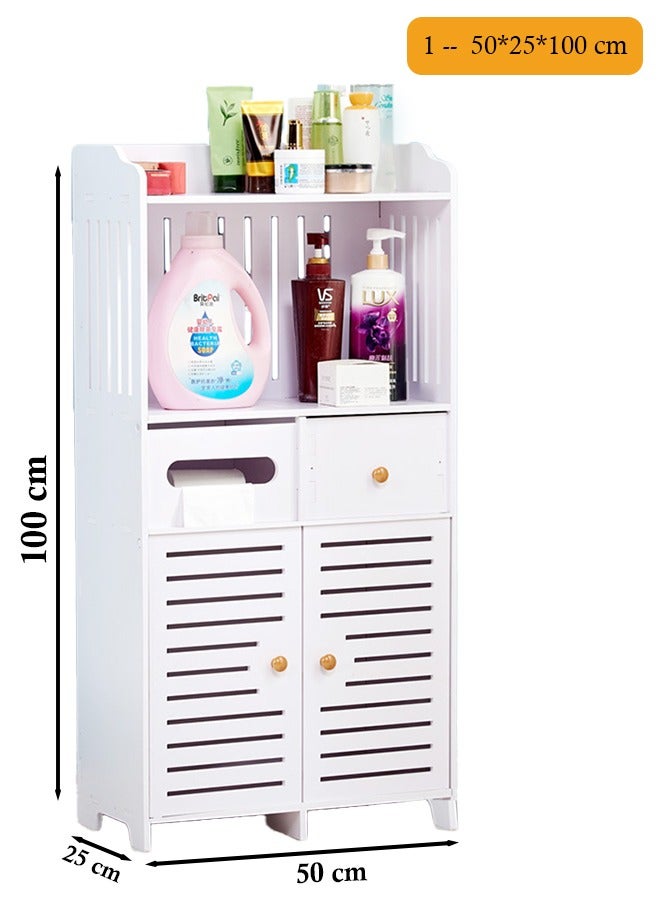 Eworld Waterproof White PVC Floor Cabinet Organizer, Stylish Storage Solution Featuring Shelves, Drawer, Tissue Holder, and Door for Bathroom, Kitchen, Living Room, or Bedroom Accessories - Image 2