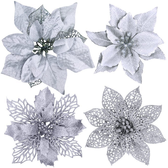 24 PCS 4 STYLES CHRISTMAS SILVER METALLIC MESH GLITTER ARTIFICIAL POINSETTIA FLOWER STEMS TREE ORNAMENTS IN BOX FOR WHITE SILVER CHRISTMAS TREE WREATHS FLORAL GIFT WINTER WEDDING HOLIDAY DECORATION