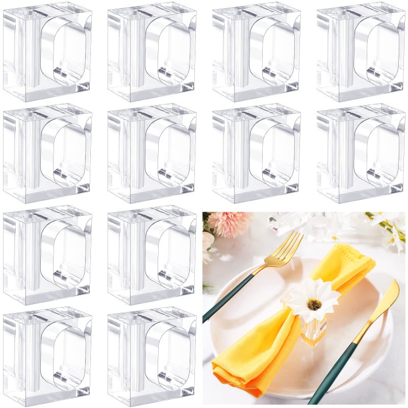 Meanplan 12 Pcs Flower Napkin Rings Clear Acrylic Napkin Holder Rings Bulk Square Flower Bud Vase Combo for Wedding Birthday Banquet Table Decor 177 x 197 Inch