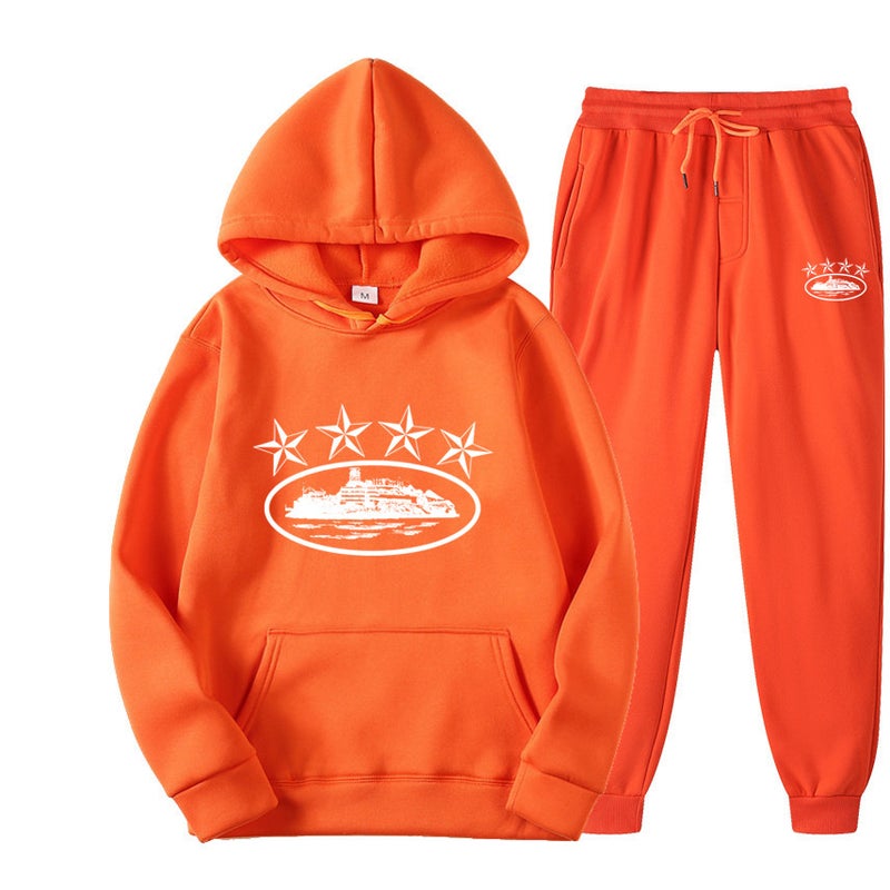 Cross-border Foreign Trade Corteiz Trendy Street Loose suit Womens Hip-hop Skateboard Five-pointed Star Magic Island Fashion Sweatshirt orange white word 