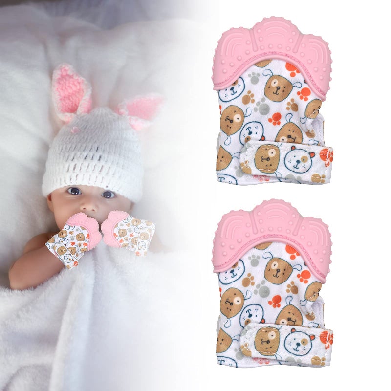 Comfy Cubs Angzhili 2 Pack Teething Mittens for Baby, Safe Silicone Mitten Teether Glove, Prevent Scratches Protection Gloves Soothing Pain Relief Mitt Stimulating Teething for Baby (Pink) - Image 1