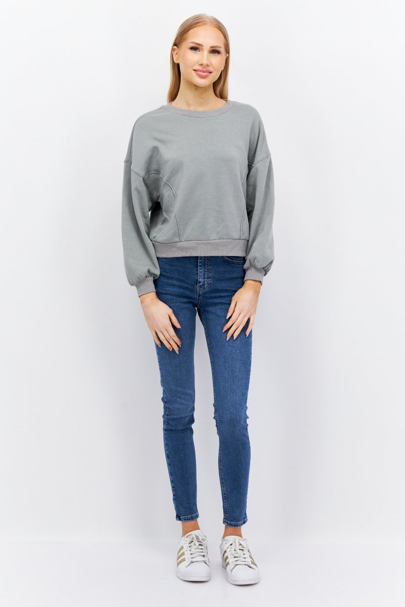 Etam Women Round Neck Long Sleeve Plain Sweatshirt, Sage - Image 4