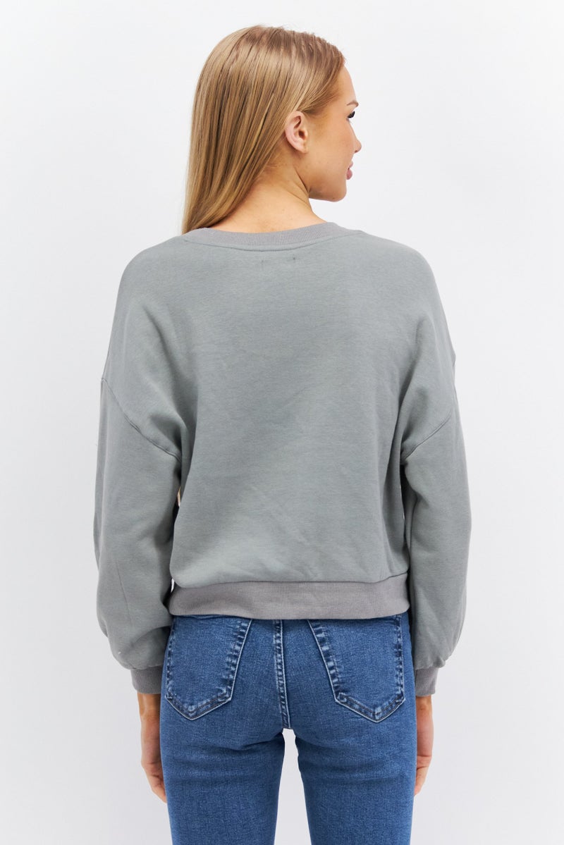 Etam Women Round Neck Long Sleeve Plain Sweatshirt, Sage - Image 2
