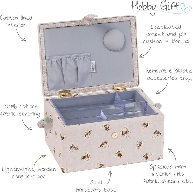 Hobby Gift Sewing Box, Wood/Fabric, Embroidered Bee, Medium - Image 3