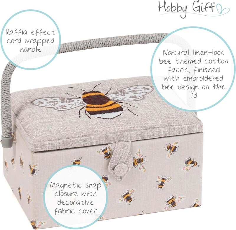 Hobby Gift Sewing Box, Wood/Fabric, Embroidered Bee, Medium - Image 4