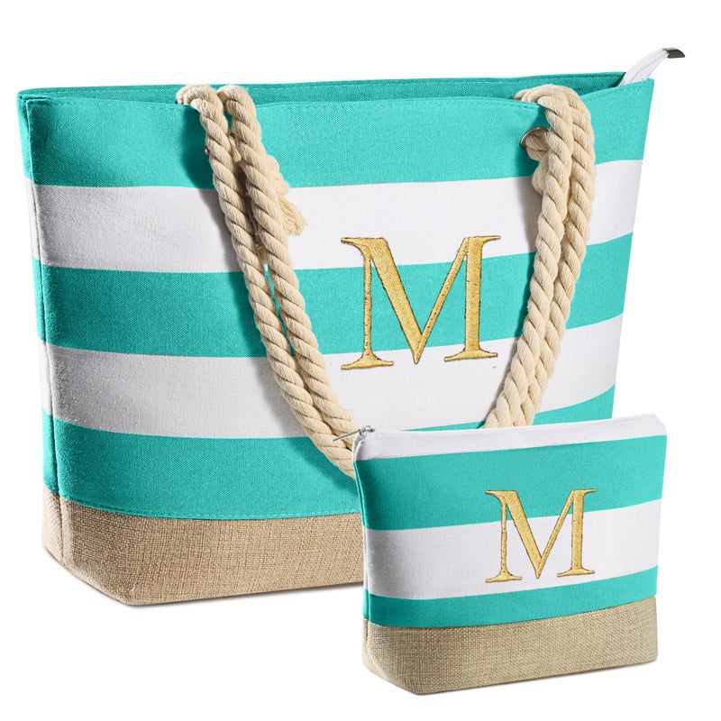YOOLIFE Gifts for Women - Mothers Day Gifts, Birthday Gift for Women Teacher Bridesmaid Daughter Friend Personalized Beach Bag Initial Beach Tote & Cosmetic Bag M - Image 1