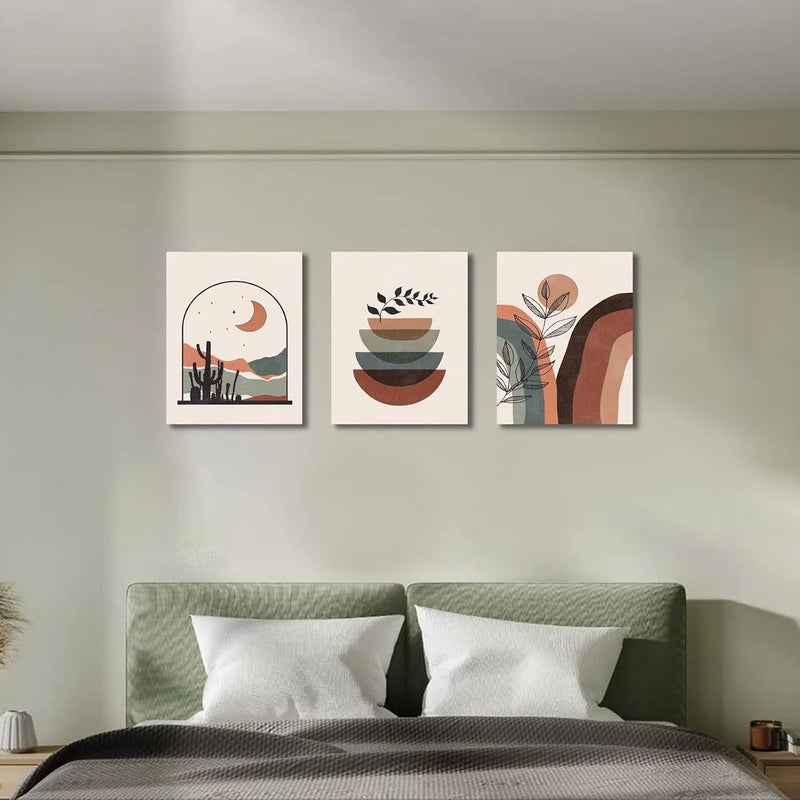 ASTRDECOR مجموعة من 3 قطع من فن الجدران البوهيمي، مطبوعات جدارية حديثة من منتصف القرن، مطبوعات هندسية مجردة محايدة مؤطرة، فن جدار مع قمر وصحراء وجبل ونبات، لوحات قماشية كبيرة بسيطة بحجم 12 × 16 بوصة جاهزة للتعليق - Image 4