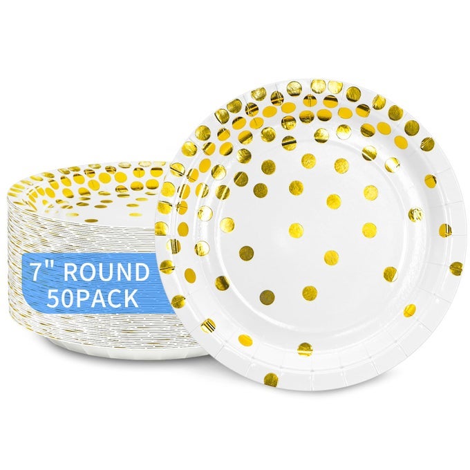 WHITE AND GOLD PAPER PLATES 7 INCH METALLIC FOIL POLKA DOTS DISPOSABLE DESSERT PARTY PLATES COCKTAIL PARTY SUPPLIES PLATES FOR BIRTHDAY BRIDAL SHOWER EASTER GRADUATION PARTY 50 PACK