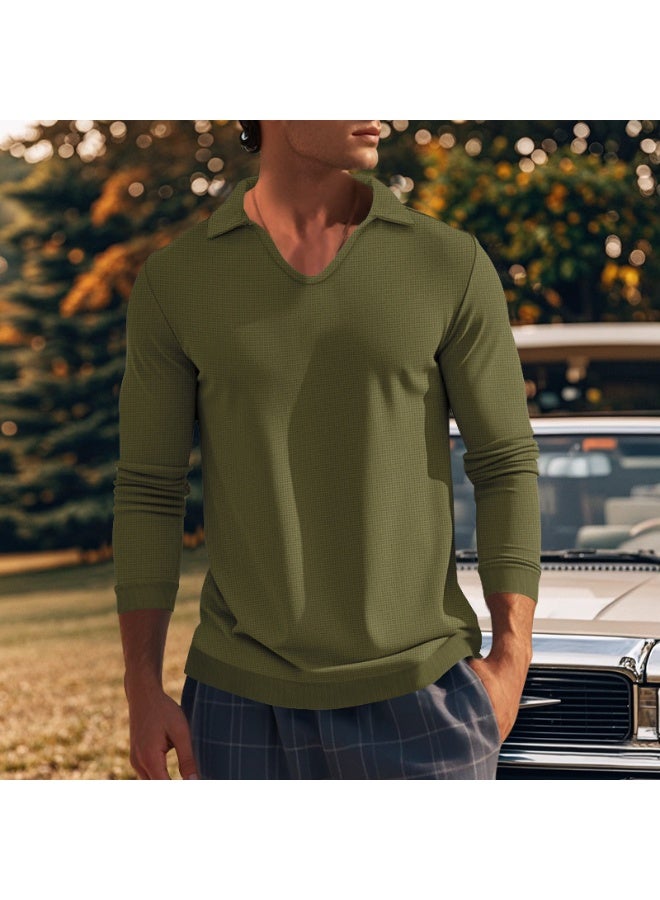 Casual Men's Trend Spring And Summer Deep V-Neck Men's Solid Color Long-Sleeved Knit T-Shirt - Image 1