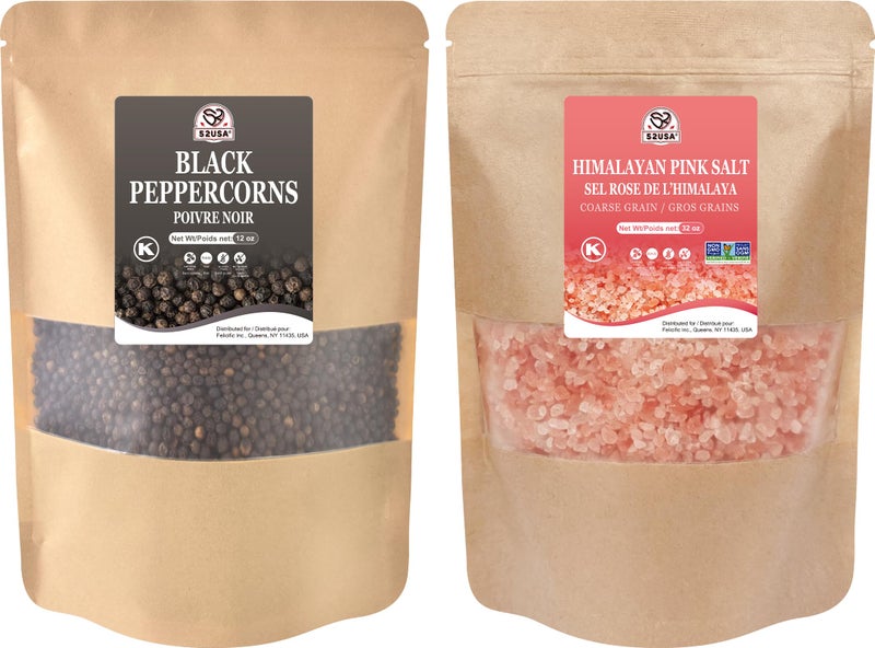 52USA Whole Black Peppercorns 12 oz  Himalayan Pink Salt Coarse Grain 2 lb  Salt and Pepper Grinder Black Peppercorn Refil Pink Himalayan Sea Salt 2 Piece Set - Image 3