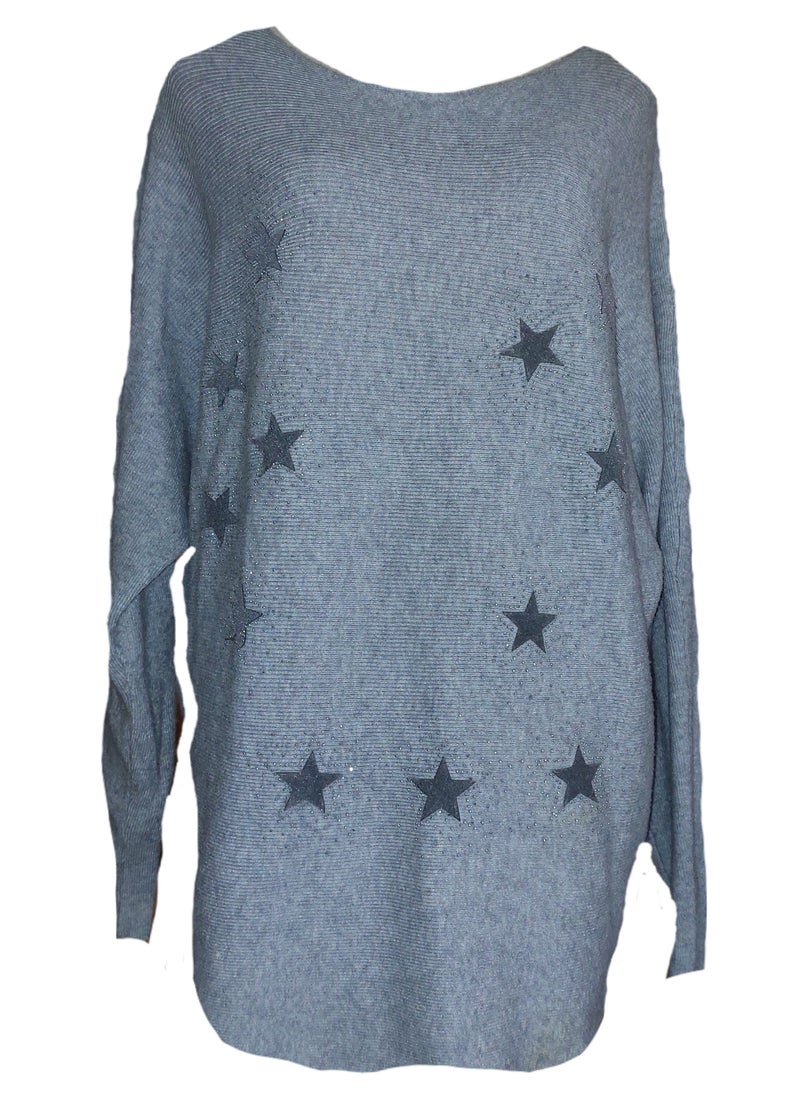 Generic - Women oversized stars soft pullover grey rhinestones sweater - Image 1