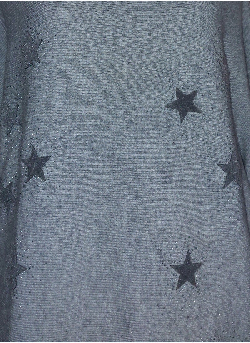 Generic - Women oversized stars soft pullover grey rhinestones sweater - Image 1