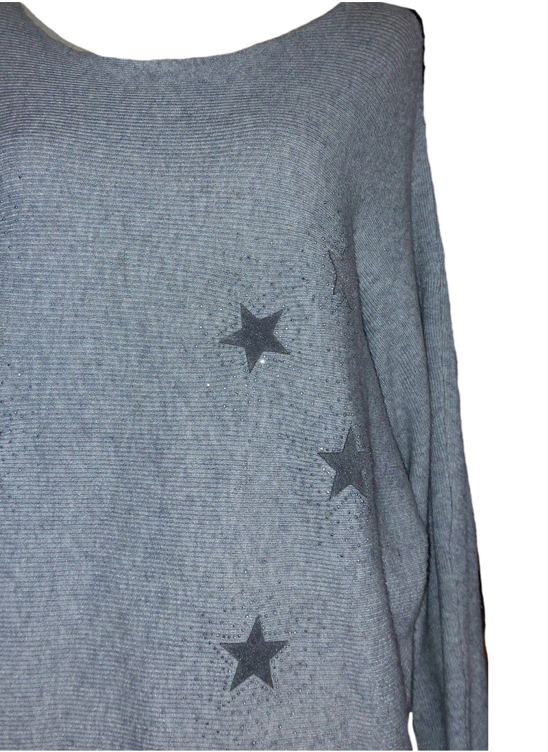 Generic - Women oversized stars soft pullover grey rhinestones sweater - Image 1