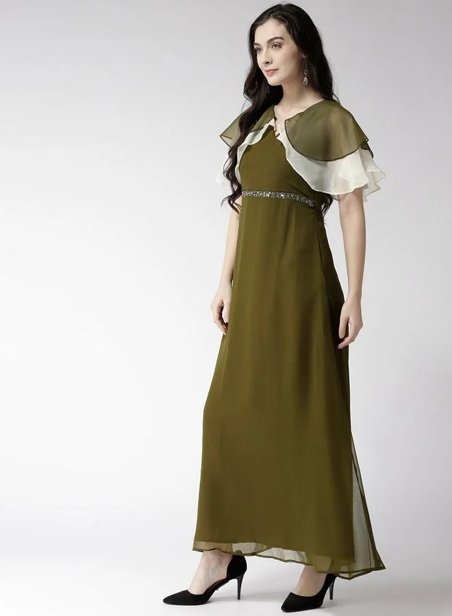 Mish Solid Georgette A-Line Maxi Dress with Cape Sleeve by Styli