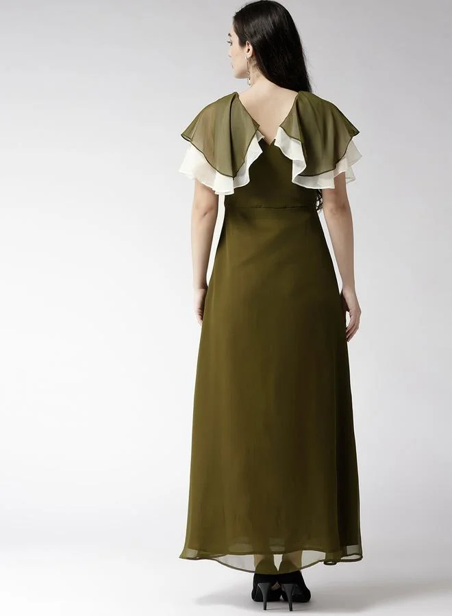 Mish Solid Georgette A-Line Maxi Dress with Cape Sleeve by Styli