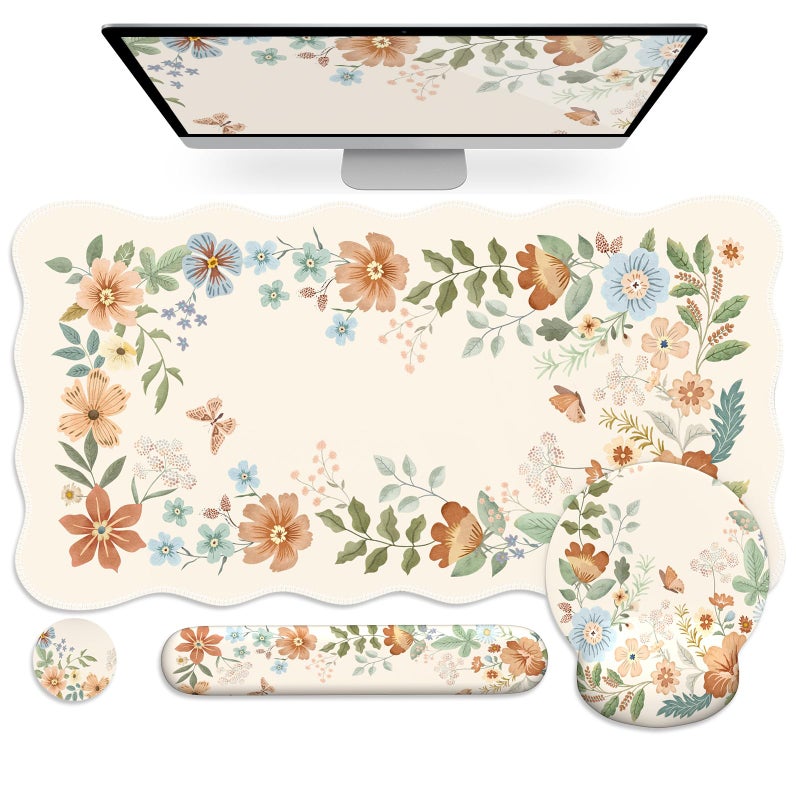 Anyshock Scalloped Office Desk Cover Mat+Keyboard Wrist Rest+Mouse Wrist Rest+Coaster Set,Scalloped Desktop mat for Teacher Desk Cover,Pastel Home Office Essentials - Image 1