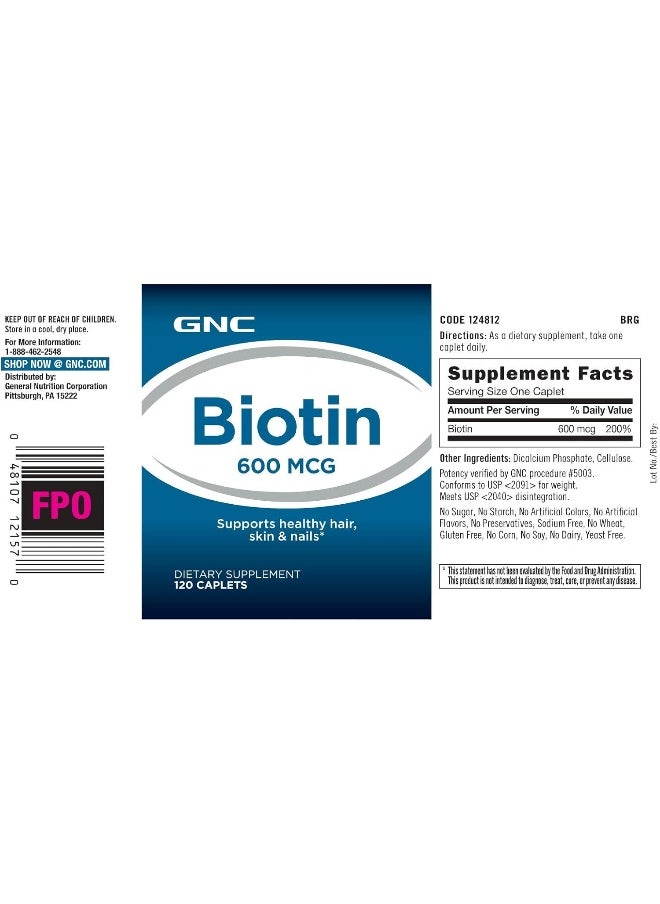 GNC - Biotin 600 Mcg 120 Tablets - Image 1
