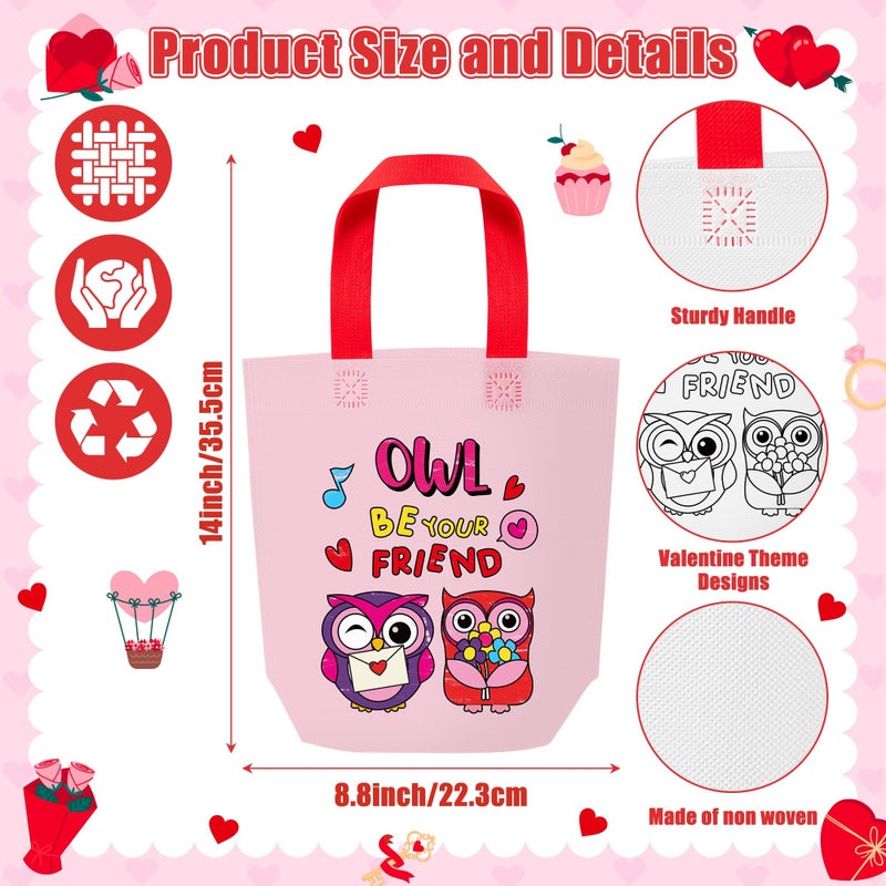 JAPBOR Valentineâ€™s Day Coloring Bags - 24PCS Color Your Own Valentine Goodie Gift Bag Craft, DIY Painting Sweet Animals Tote Bulk, Colouring Reusable Non Woven Classroom Art Party Favor - Image 2