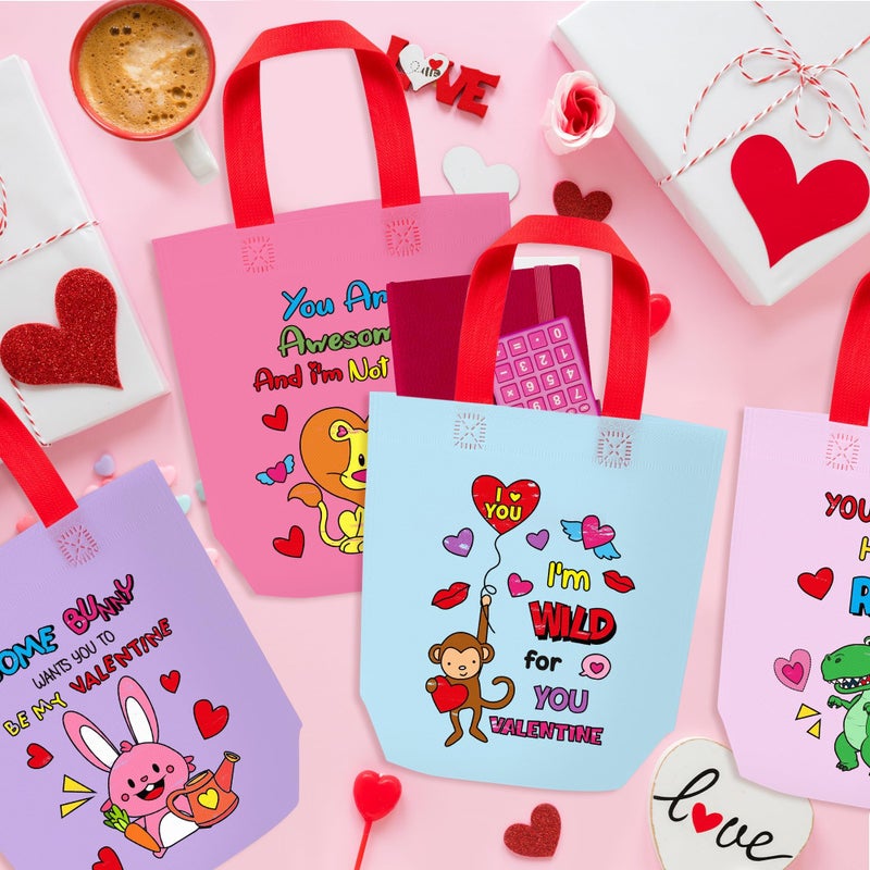 JAPBOR Valentineâ€™s Day Coloring Bags - 24PCS Color Your Own Valentine Goodie Gift Bag Craft, DIY Painting Sweet Animals Tote Bulk, Colouring Reusable Non Woven Classroom Art Party Favor - Image 4