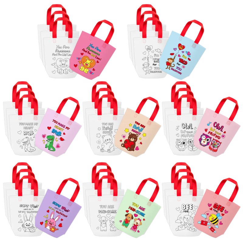 JAPBOR Valentineâ€™s Day Coloring Bags - 24PCS Color Your Own Valentine Goodie Gift Bag Craft, DIY Painting Sweet Animals Tote Bulk, Colouring Reusable Non Woven Classroom Art Party Favor - Image 1