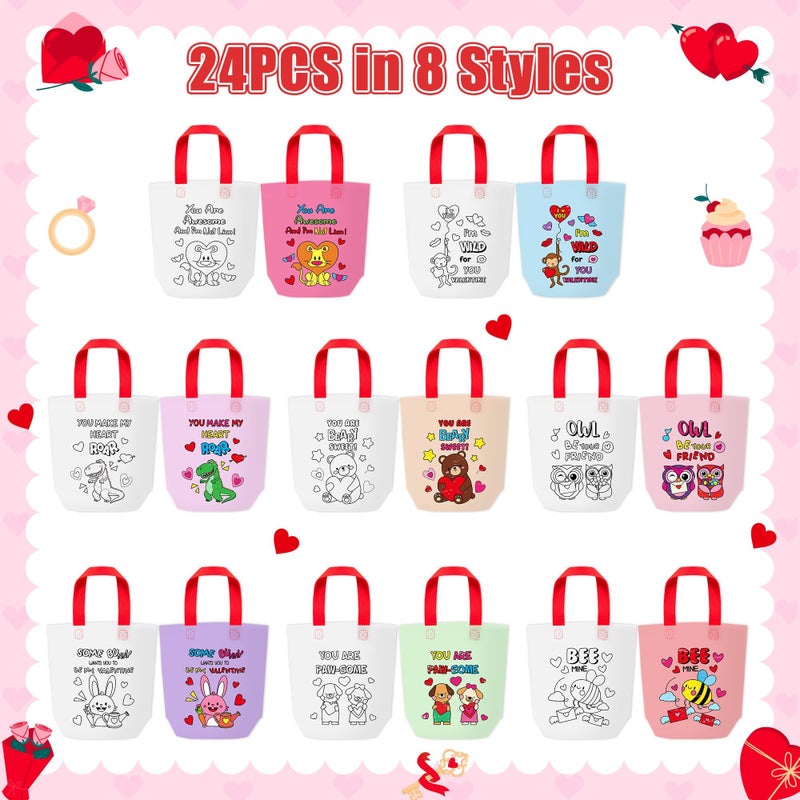 JAPBOR Valentineâ€™s Day Coloring Bags - 24PCS Color Your Own Valentine Goodie Gift Bag Craft, DIY Painting Sweet Animals Tote Bulk, Colouring Reusable Non Woven Classroom Art Party Favor - Image 3
