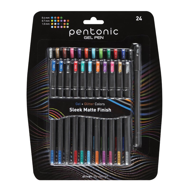 Pentonic Gel Pens, 24 Count, Mixed Pack (12 Assorted Color Pens, 12 Glitter Pens), Medium & Fine Point, Smooth Writing For Journaling (1002355) - Image 1