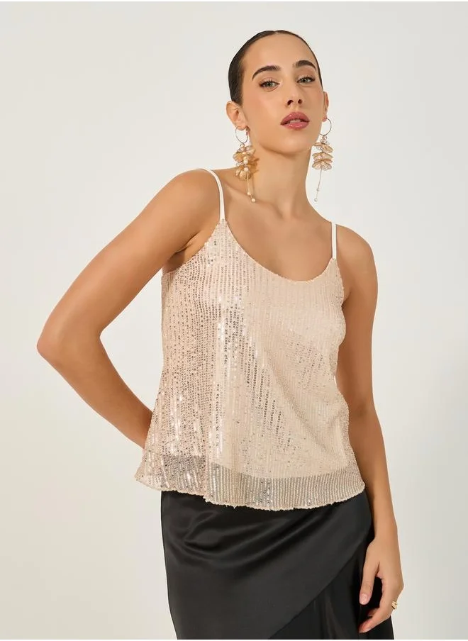 Styli Sequin Embellished Scoop Neck Cami Top