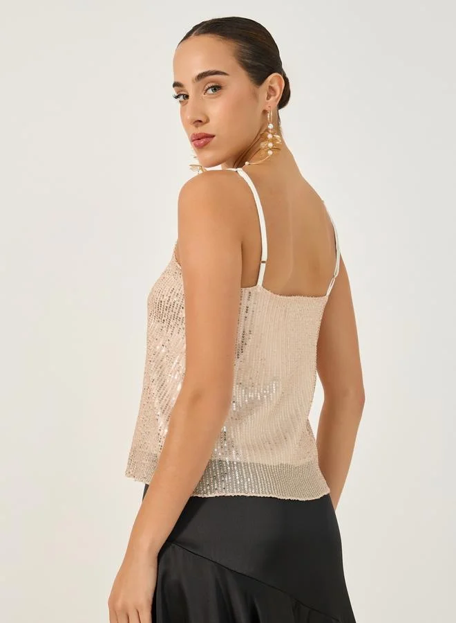 Styli Sequin Embellished Scoop Neck Cami Top