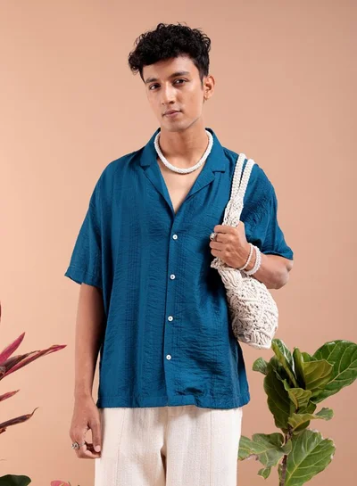 The Indian Garage Co Men Relaxed Fit Striped Half Sleeves Cuban Collar Resort Wear Shirt