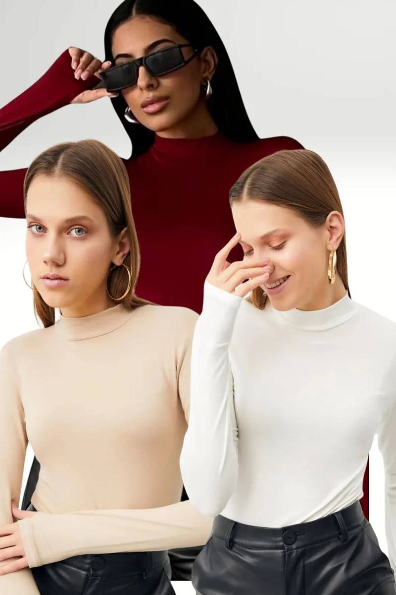 بيبانتولون BIPANTOLON Women's 3-Pack Slim Fit Half Turtleneck Bodysuits