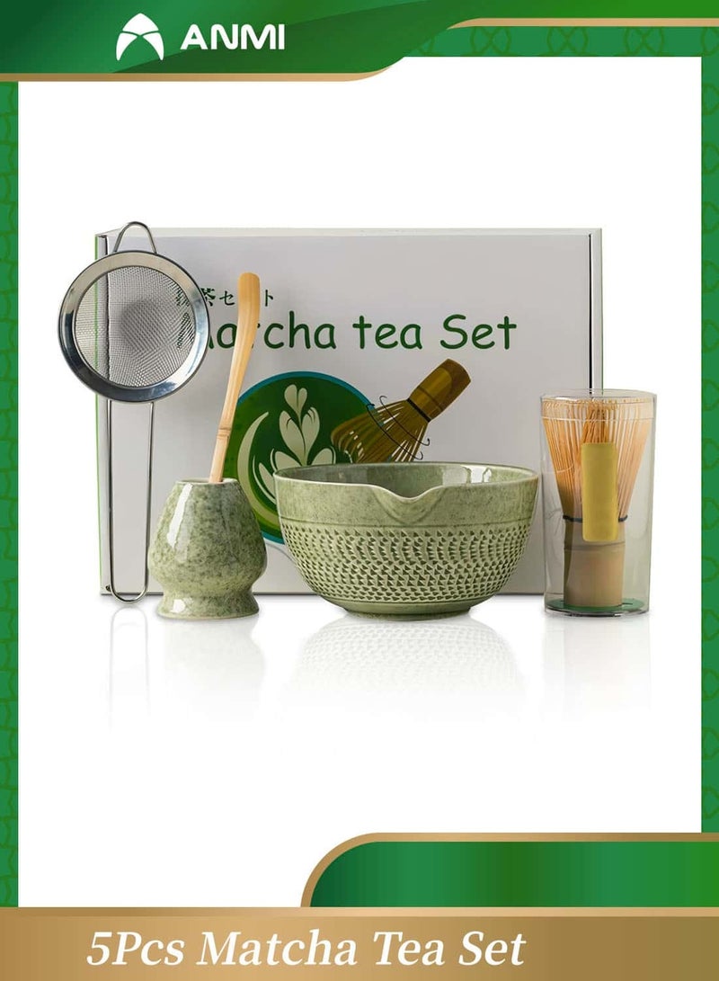 Anmi Matcha Tea Set 5Pcs, Japanese Matcha Whisk Set Include Matcha Tea Bowl with Spout Bamboo, Scoop, Stainless Steel Tea Sifter, Whisk Holder, Traditional Handmade Green Tea Making Kit for Ceremony Gift - Image 1