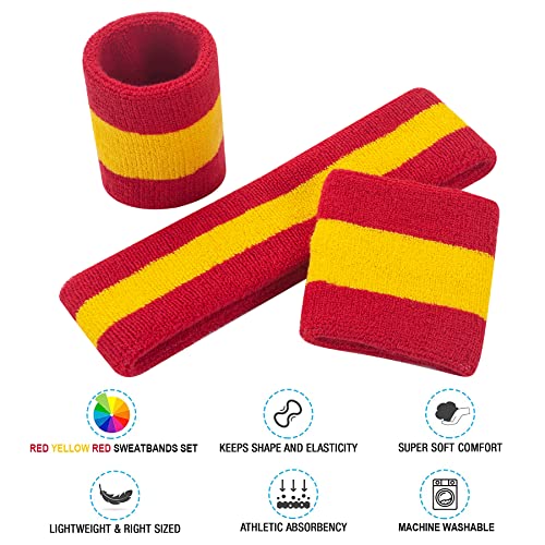FACATH Sweatbands Headband and Wrist Set, Cotton Sweat Band for Athletic Men and Women, Sweatbands Sports Headbands for Working Out, Running, Basketball, Tennis, Yoga (Red/Yellow/Red) - Image 2