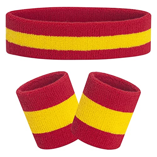 FACATH Sweatbands Headband and Wrist Set, Cotton Sweat Band for Athletic Men and Women, Sweatbands Sports Headbands for Working Out, Running, Basketball, Tennis, Yoga (Red/Yellow/Red) - Image 1