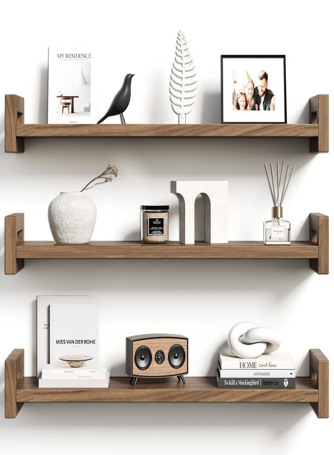 Vailando Upgraded Floating Shelves for Wall, Set of 3 Solid Wood Wall Mounted Shelves, 23.6" Rustic Walnut Display Shelf for Bedroom, Living Room, Bathroom, and Kitchen Decor - Heavy-Duty & Natural Pine - Image 1